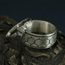 wedding photo - Bee Rings--Honey Bee Mine Silver Wedding Set--Bumble Bee Band--Honey Bee Ring--Helix Ring--Honeycomb Ring--His and Hers Rings--Promise Rings