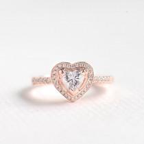 wedding photo - Rose Gold CZ Heart Cut Ring - Sterling Silver Engagement Ring - Unique Engagement Ring - Anniversary Ring - Halo Heart