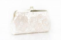 wedding photo - Bridal Champagne Lace Ivory Satin Clutch Gold Frame L'HERITAGE 8-inch