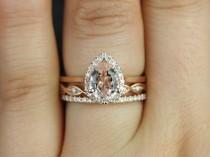 wedding photo - Limited Time Sale 1.50 carat Morganite and Diamond Trio Ring Set in 10k Rose Gold with One Engagement Ring and 2 Wedding Bands