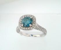 wedding photo - Blue Diamond Engagement Ring 14k White Gold 1.84 Carat Halo Certified Handmade Pave Set