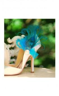 wedding photo - Something Blue Shoe Clips Turquoise Peacock Feather Ivory Pearl. Wedding Bride Bridal Bridesmaid Couture. Statement Edgy Stunning Sexy Party
