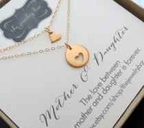wedding photo - Mother daughter necklace sets, Two gold heart necklaces, mother of the bride gift from daughter, wedding day