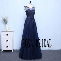 wedding photo - Navy Bridesmaid Dresses A Line Illusion Neck Lace Applique Beading Custom Size color