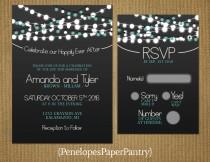 wedding photo - Elegant Teal Wedding Invitations,Chalkboard,Strings of Lights,Gray Accents,Fall Wedding,Romantic,Opt RSVP,Customizable With White Envelopes