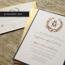 wedding photo - Printable Wreath Wedding Invitation, Gold Wreath Monogram, Printable Wedding Invitation, Gold Wedding, Wedding Monogram, Gold Invitation