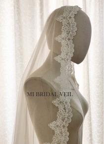 wedding photo - Vintage Lace Veil, Alencon Lace Veil, Mantilla Style or with Blusher. Scallop Lace Veil in Fingertip, Waltz, Chapel, Cathedral Length