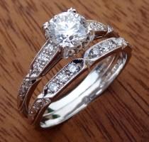wedding photo - Diamond Art Deco Antique Vintage Style Engagement Ring 18k White Gold Handmade