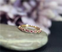 wedding photo - July Birthstone Natural Red Ruby Wedding Ring Half Eternity Engagement Solid 14K Rose Gold Ring Anniversary Ring Matching Band Birthday Gift