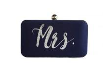 wedding photo - Monogrammed wedding purse/ Navy Blue minaudiere clutch /Something blue bridal purse /Personalized Gift for her/ Custom made purse