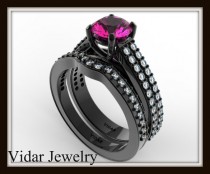 wedding photo - Black Gold Pink Sapphire Wedding Ring Set,Unique Engagement Ring Set,Diamond Wedding Ring Set,Double Shank Ring Set,Custom Engagement Ring