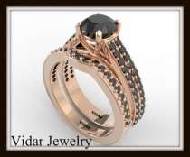 wedding photo - Black Diamond Wedding Ring Set,Unique Engagement Ring Set,Diamond Wedding Ring Set,Double Shank Ring Set,Custom Engagement Ring From Vidar