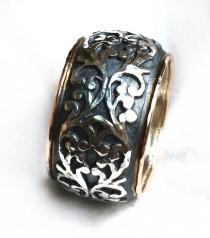 wedding photo - flower and leaf pattern ring, sterling silver and gold flower ring with 3D flowers, unique wedding ring, filigree design- ilanamir- rw4