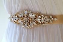 wedding photo - Gold Opal Crystal Bridal Sash. Rhinestone Pearl Applique Wedding Belt. Gold Art Deco Wedding Sash.  DAISY