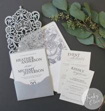 wedding photo - Silver Laser Cut Wedding Invitation Jewel Response Details Card Vintage Botanical Envelope Liner DEPOSIT or SAMPLE Elegant Custom Colors