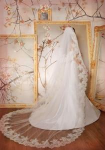 wedding photo - Wide Lace Veil-2 Tier Cathedral Lace Veil With Removable Lace Blusher,Convertible Veil, Long Tulle Lace Wedding Veil,Cathedral Veil lace V2B