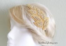 wedding photo - Gold Leaf Crystal Rhinestone on Gold  Metal Headband // Bridal Headband , Rhinestone Headband , Bridesmaids Headband