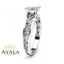 wedding photo - Unique Natural Diamond Engagement Ring 14K White Gold Engagement Ring Art Deco Bridal Ring Filigree Ring
