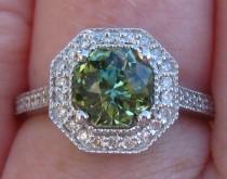 wedding photo - Green Sapphire Engagement Ring, 1.65 Carat Precision Cut Untreated Green Sapphire in White Gold Milgrain Bezel Diamond Halo Engagement Ring