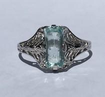 wedding photo - Vintage Aquamarine Ring. 10k White Gold Filigree Setting. Promise Ring. Unique Engagement Ring. March Birthstone. 19th Anniversary Gift.
