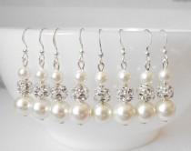 wedding photo - Bridesmaid earrings, set of 6, pearl bridesmaid jewelry, pearl and rhinestone wedding earrings, bridesmaid earings, bridesmaids gift