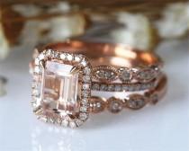 wedding photo - 3 Pieces! 6x8mm Emerald Cut VS Real Morganite Ring Set Solid 14K Rose Gold Morganite Engagement Ring Set, Half Eternity Wedding Ring 015MO