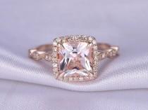wedding photo - morganite Engagement ring,14k Rose gold,7mm Princess Cut Pink Stone,Antique Art Deco diamond Wedding Band,Morganite ring,Bridal Ring,Promise