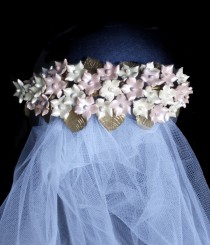 wedding photo - Wedding hair accessory. Gold, pink and ivory bridal headpiece. Flower wedding combs. Vintage bride. Flower and leaf comb. Veil fascinator.