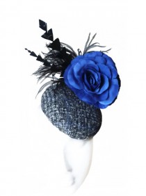 wedding photo - Tweed cocktail hat. Church hat. Black and blue hat. Flower and feathers fascinator. Race hat. Statement hat. Pill box hat. Wedding hat.