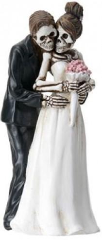 wedding photo - Halloween Wedding Cake Toppers-Bride and Groom Pose for Camera DOD Love Never Dies Goth Weddings-Romantic Skeleton Couple Posing Figurines-T