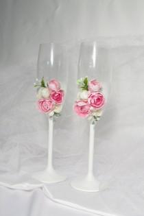 wedding photo - Wedding flutes Glasses with pink roses Toasting champagne glasses Mr and Mrs wedding glasses Engagement flutes Pink toasting glasses