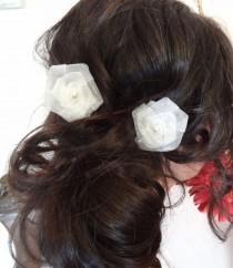 wedding photo - White Rose Wedding Hair Pins, Ivory Bridal Hair Pins, Organza Hair Pins, Hair Accessories, Bridesmaid Hair, Woodland - Set of 2