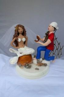 wedding photo - Mermaid and Wedding Cake Topper CUSTOMIZED to your features Hand Sculpted in Clay