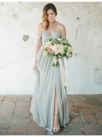 wedding photo - Buy Simple Off the Shoulder Backless Sweep Train Grey Bridesmaid Dress with Pleats Grey, from for $289.99 only in Main Website.