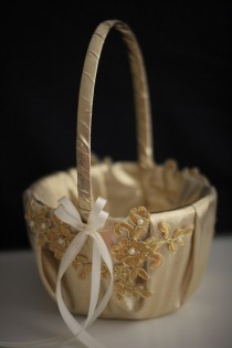 wedding photo -  Gold Wedding Basket \ Gold Flower Girl Basket \ Gold Lace Basket \ Lace Wedding Basket in Gold \ Unique Basket \ Gold Petals Basket - $28.00 USD