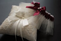 wedding photo - Burgundy Bearer Pillow, Red Bridal Garter, Lace Ivory Bearer, Lace Wedding Pillow, Burgundy Garters, Ivory Wedding Bearer, Pillow Garter Set