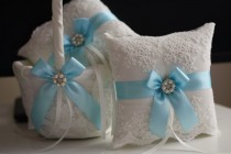wedding photo -  Sky Blue Wedding Pillow Basket Set \ Blue Flower Girl Basket \ Blue Ring Bearer Pillow \ Lace Ring Holder \ Sky Blue Bearer, Sky Blue Basket