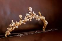 wedding photo - Woodland Princess Zirconia Crystal Wedding Tiara-Gold beaded bridal crown- Zircon Rhinestone wedding Crown