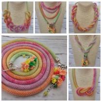 wedding photo - Multicolor green pink yellow long lariat necklace transformer multifunctional statement casual office gift for her fashion crochet rope