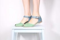 wedding photo - Peep toe leather sandals , handmade leather sandals , blue and green sandals ADIKILAV ,handmade