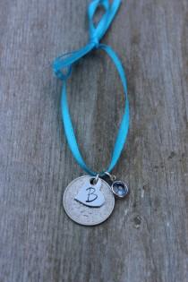 wedding photo - Silver Sixpence for Bride - Sixpence in her Shoe - Sixpence Gift for Bride with Blue Swarovski Crystal and Stamped Heart Charm