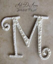 wedding photo - White Letter Pearl Embellished Initial Wedding Cake Topper