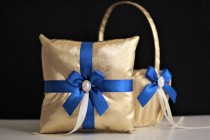 wedding photo -  Royal Blue Wedding Basket   Ring Bearer Pillow Set \ Gold Blue Flower Girl Basket Pillow Set \ Gatsby Wedding \ Royal Blue Wedding pillow