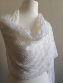 wedding photo - Hand Knitted Lace Wedding Shawl, Wrap, Stole in White Merino Yarn Made to Order
