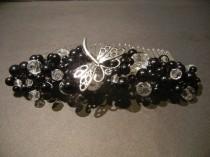 wedding photo - Large Bridal Hair Comb. Black Glass Pearls & Faceted Crystals featuring a Dragonfly. Bridal Headpiece. Prom Night.