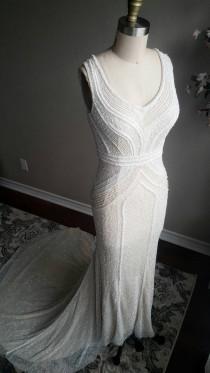 wedding photo - Art Deco Gatsby Inspired Full Beaded Wedding Dress Custom Couture unique wedding dress, sleeveless, fitted, fit and flare, long train