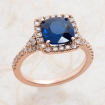 wedding photo - Blue Sapphire Engagement Ring - Rose Gold Engagement Ring - 14k Rose Gold Engagement Ring The Center Is 8x8 Lab Grown Cushion