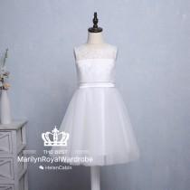 wedding photo - Ivory Lace Flower Girl Dress Soft Tulle Junior Bridesmaid Wedding Party Dress With Sash Knee Length