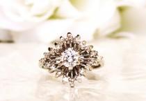 wedding photo - Vintage Diamond Starburst Engagement Ring 0.85ctw Diamond Wedding Ring 14K White Gold Diamond Cluster Anniversary Ring Size 6