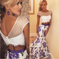 wedding photo - New Arrival 2 Piece Floral Print Mermaid Prom Dress/Homecoming Dress with Lace
